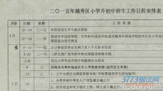 最新或2024（历届）越秀区小升初招生工作日程安排表